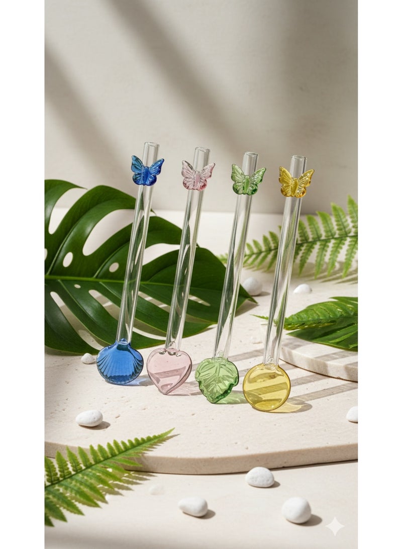 Luxury Handmade Borosilicate Glass Straw Spoon Set of 4 with Decorative Butterfly Design – Dual Function Straw and Spoon for Hot and Cold Drinks, Bubble Tea, Smoothies, Milkshakes and Cocktails – Reusable Eco Friendly Glass Drinkware Accessories - Image 2